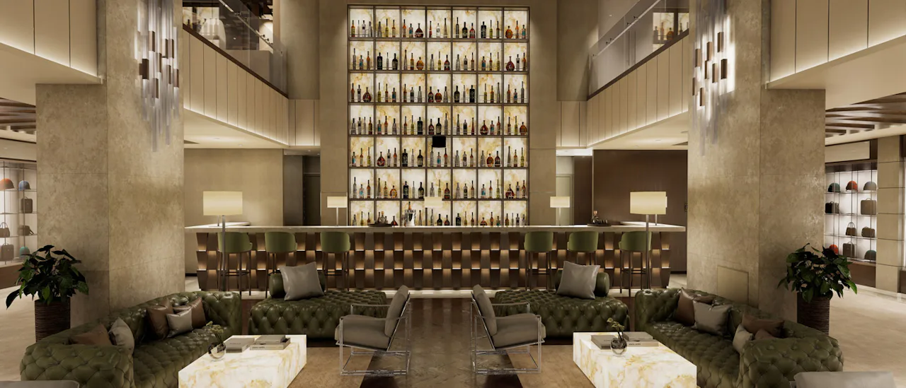 Den vackra lobbyn och lobbybaren ombord på Explora I.